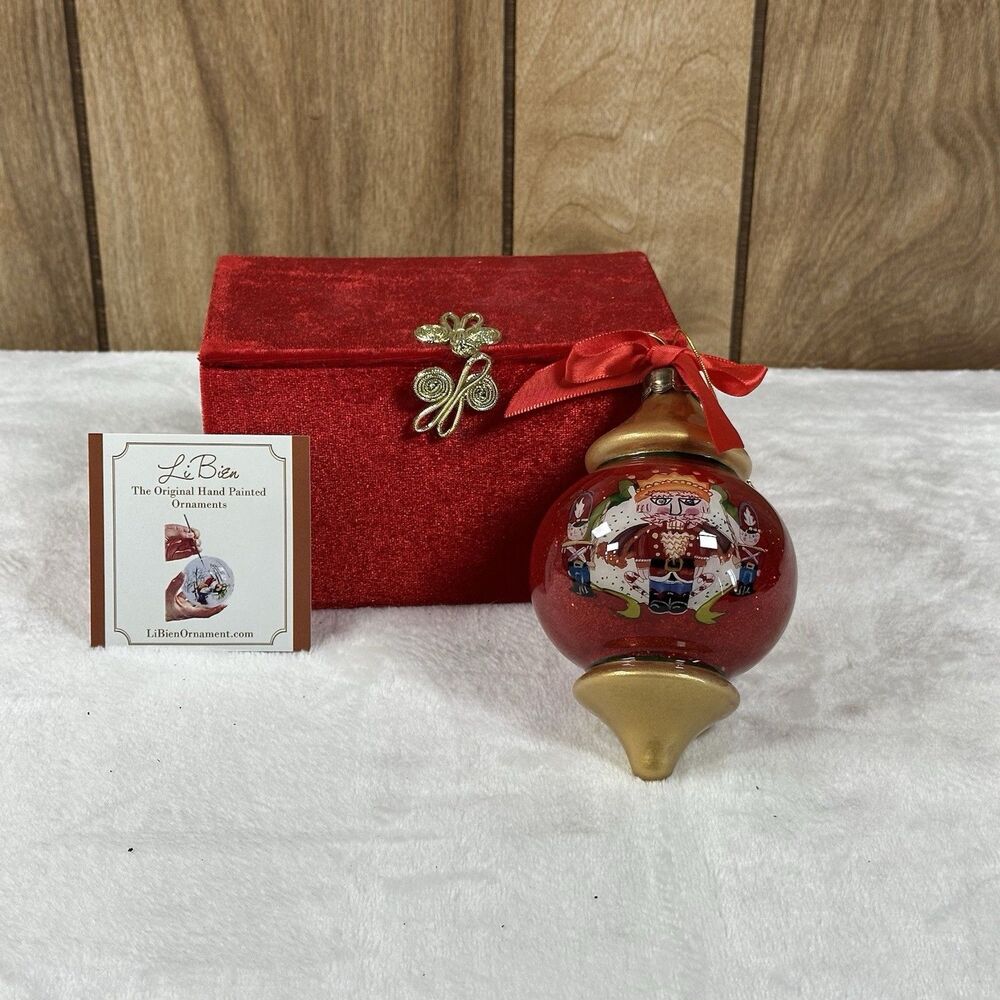 Li Bien Hand Painted Glass Nutcracker Ornament Red Glitter w/ Box & COA 6”